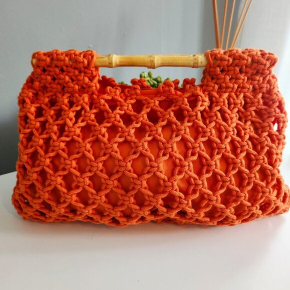 Handbags - Woven Crochet Orange Handbag with Bamboo Handles NWOT